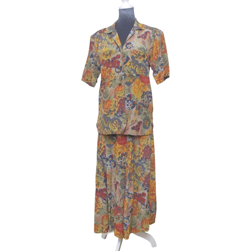 Vintage Ann Taylor Silk Tropical Skirt Set 6 Camp Shirt Resort Coastal Grandma